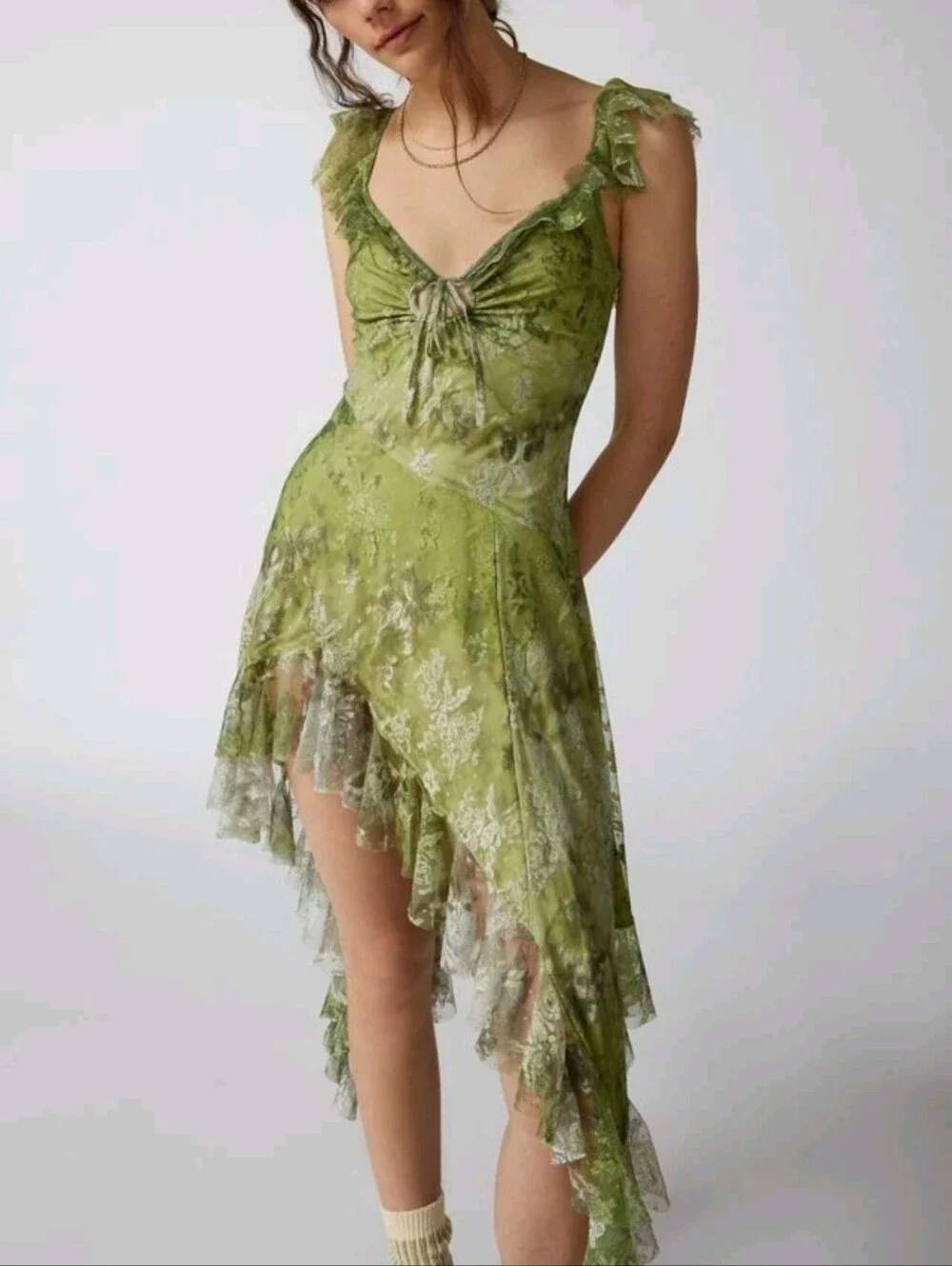 Urban Outfitters Hyacinth Asymmetrical Mesh Midi Dress M Green Forest Fairy Y2K - Picture 1 of 7